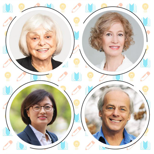 A collage of four adults, two women at the top and a woman and a man at the bottom, set against a patterned background with icons of books, pencils, and light bulbs.