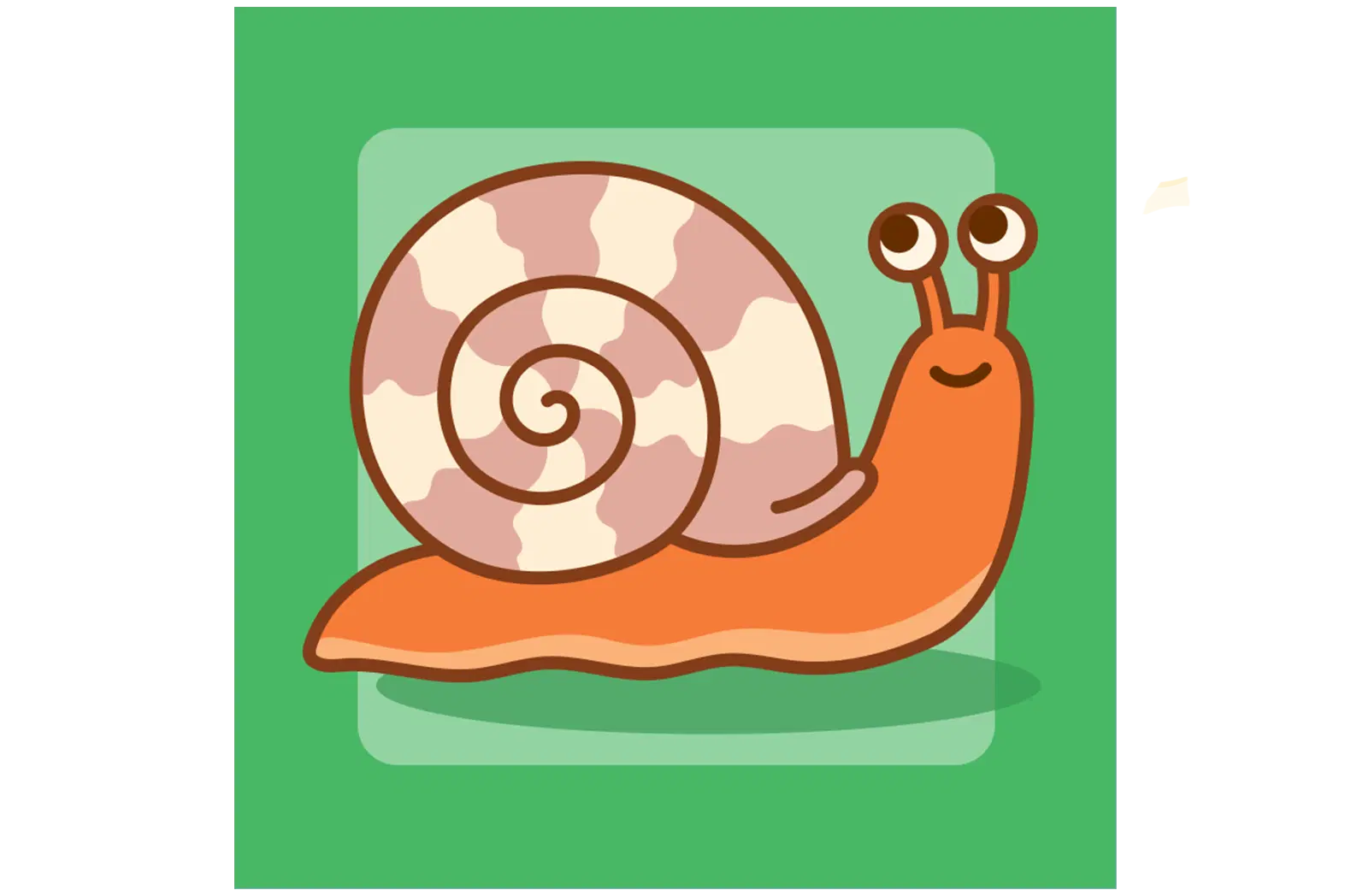 A cartoon snail with a beige and brown spiral shell and an orange body is shown against a green background.