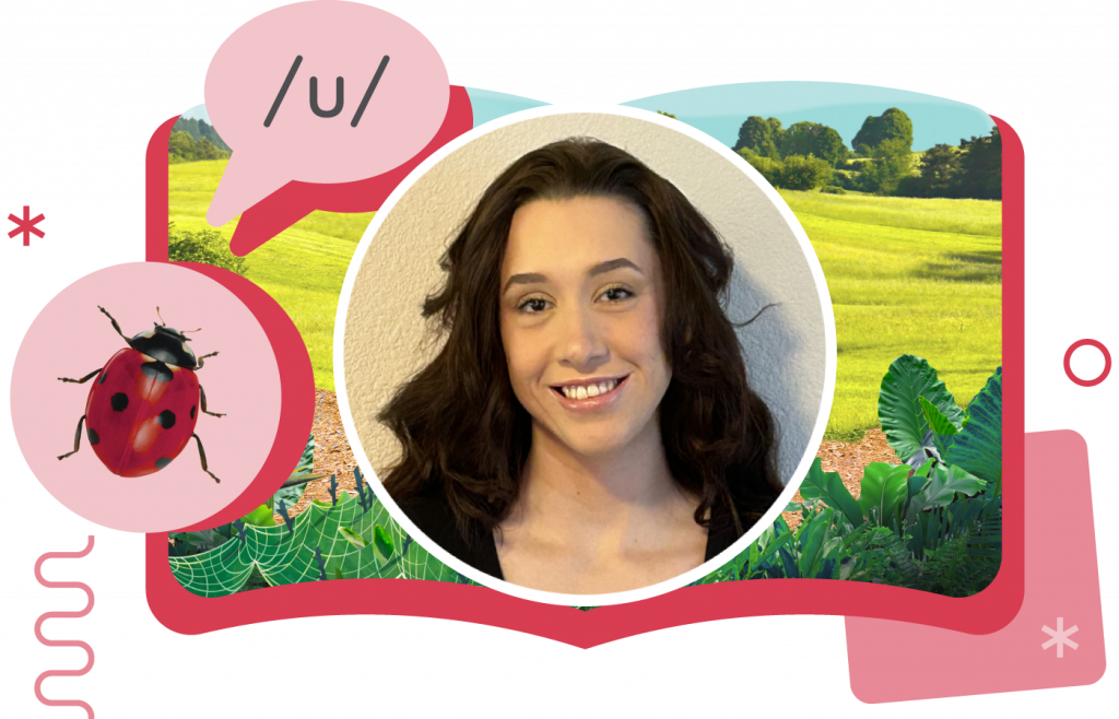 A woman smiles in a portrait overlaid on an illustrated open book with a ladybug, web, and green landscape, reflecting an interactive teaching style; a speech bubble shows "/u/".