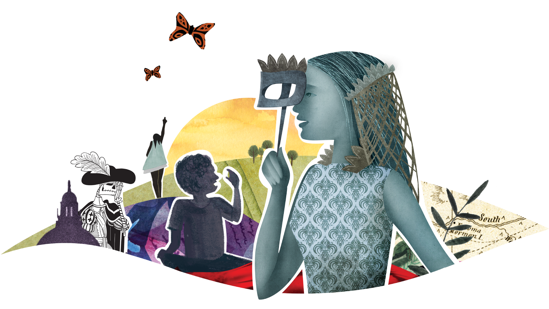 A collage features a blue-toned figure holding a mask, silhouettes of people, butterflies, and abstract shapes against a colorful background—evoking scenes from an American classroom helping struggling readers learn by teaching phonemes.