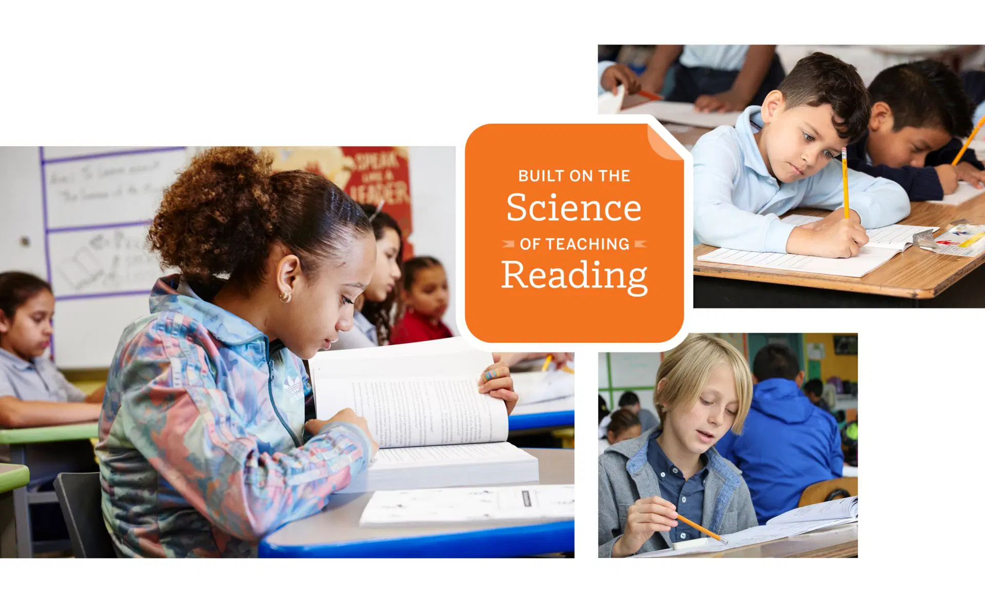Three elementary students in a classroom sit at desks, reading books and writing in notebooks. A graphic in the center reads, "Built on the Science of Teaching Reading.