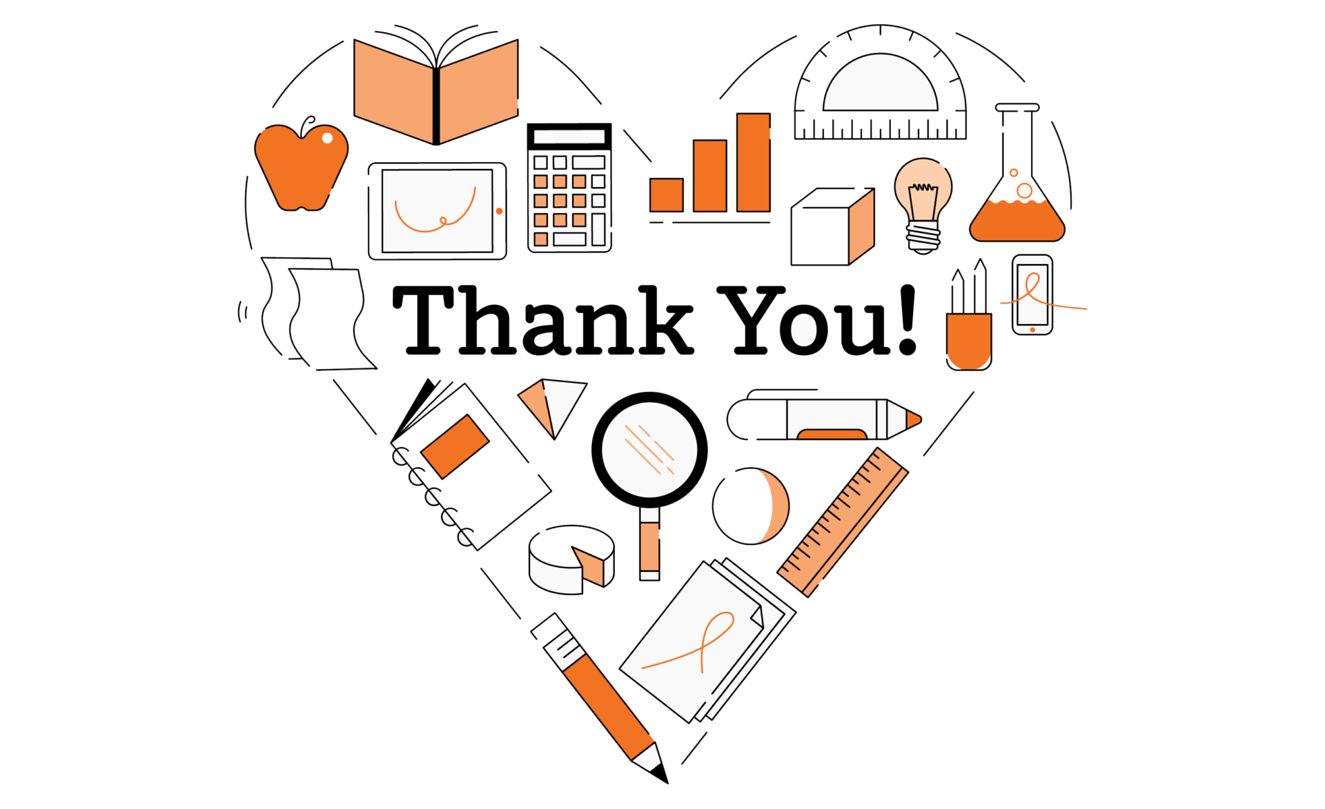 Heart-shaped collage of orange and black school-related icons surrounding the words "Thank You!" in bold text at the center.