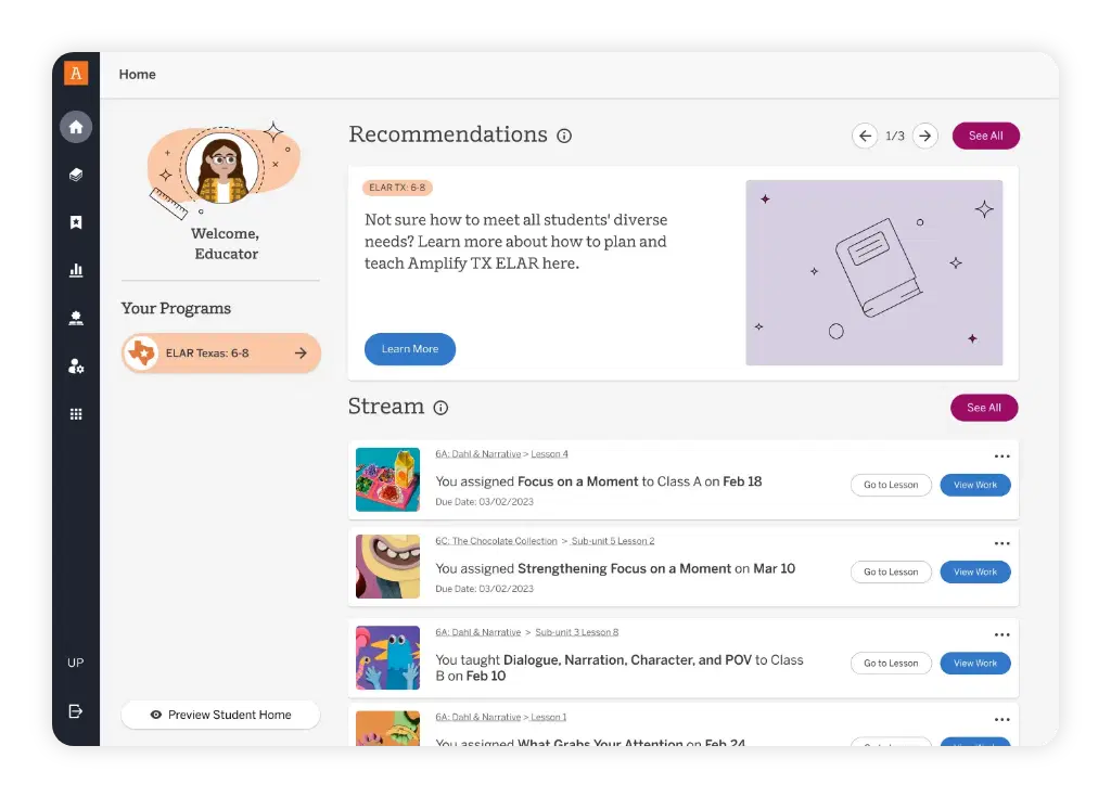 Screenshot of an educator dashboard showing recommendations, a welcome banner, current programs, and a stream of recent class assignments with colorful thumbnails and due dates.