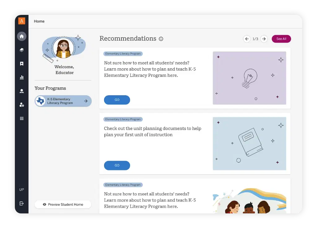 A dashboard interface shows an educator's homepage with program recommendations, navigation menu on the left, and three recommendation cards with icons and “Go” buttons on the right.