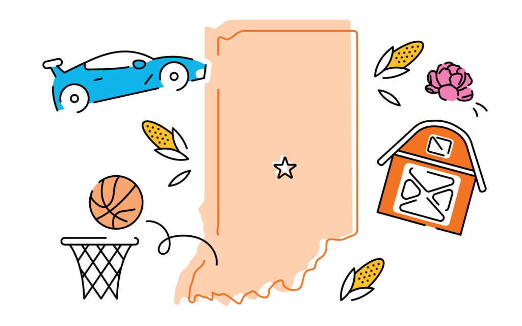 Outline of Indiana with a star marking the center, surrounded by icons of a racecar, basketball, basket, barn, corn, and flowers.