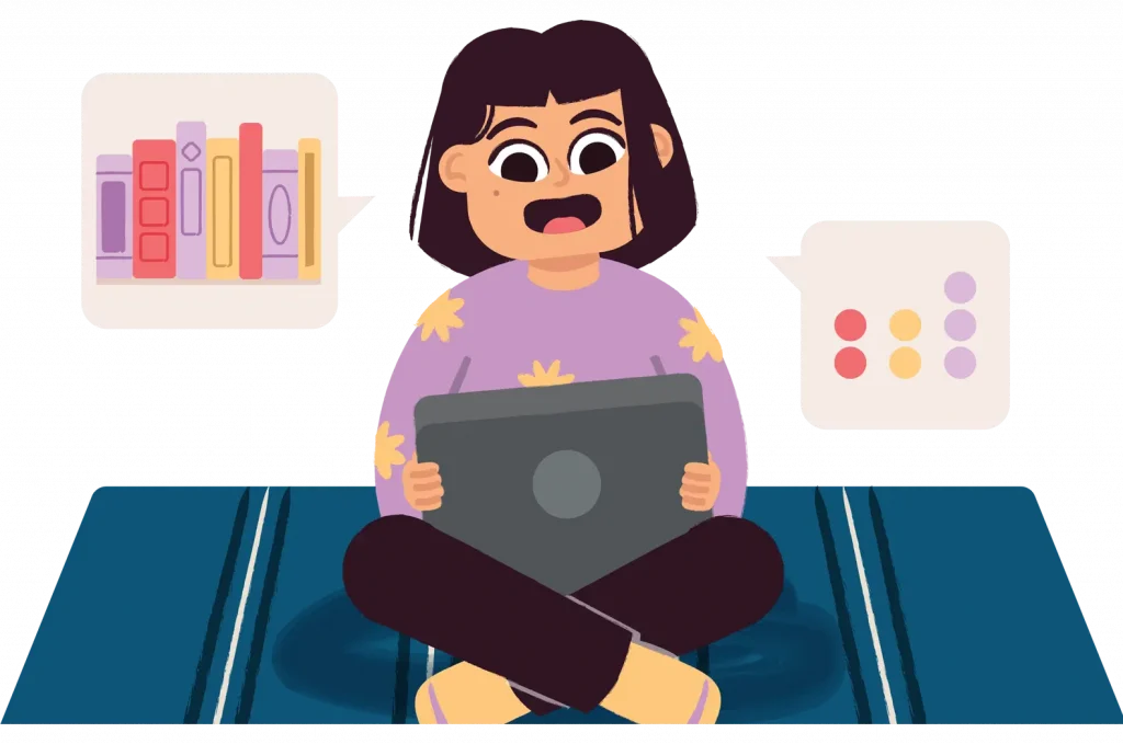 A cartoon of a worried young woman sitting cross-legged on a sofa, holding a laptop with thought bubbles showing "New York Math" books and a color palette.