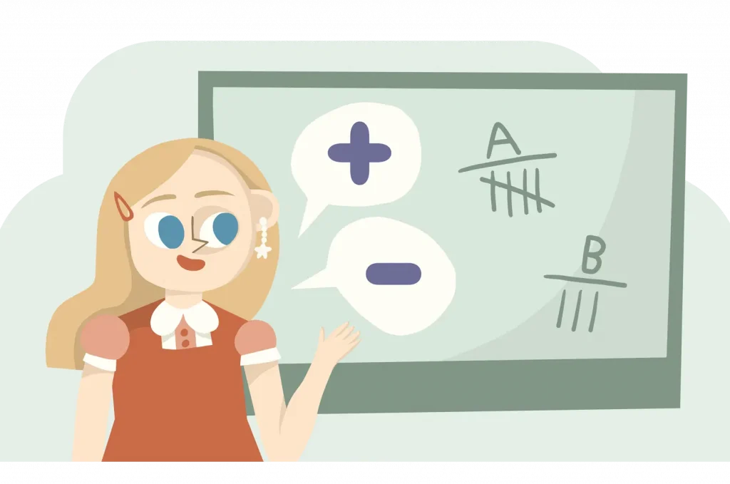 A person with long blond hair and a red dress points at a screen with addition and subtraction symbols, tally marks labeled "A" and "B," reminiscent of the engaging methods used in Amplify Desmos Math New York.