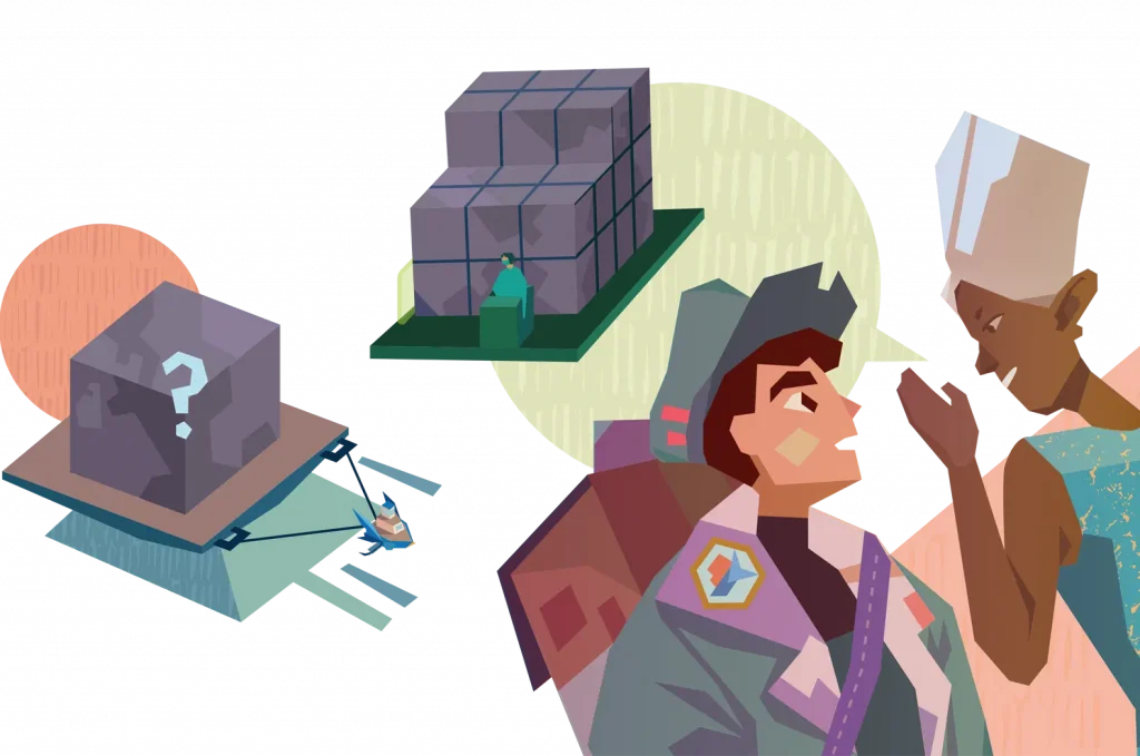 Illustration of two people whispering, with abstract backgrounds depicting a box with a question mark and pallets on shelves, emphasizing "amplify desmos math" concepts.