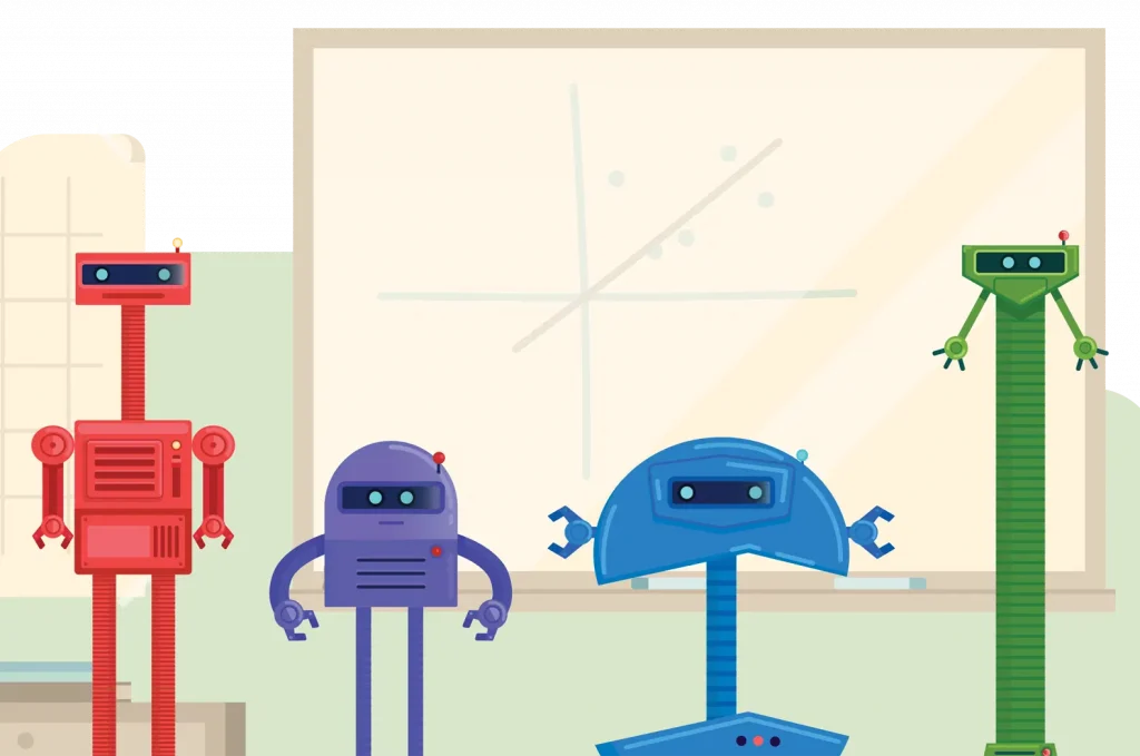 Four colorful cartoon robots of various shapes and sizes standing in front of a large blank whiteboard with a New York math graph.