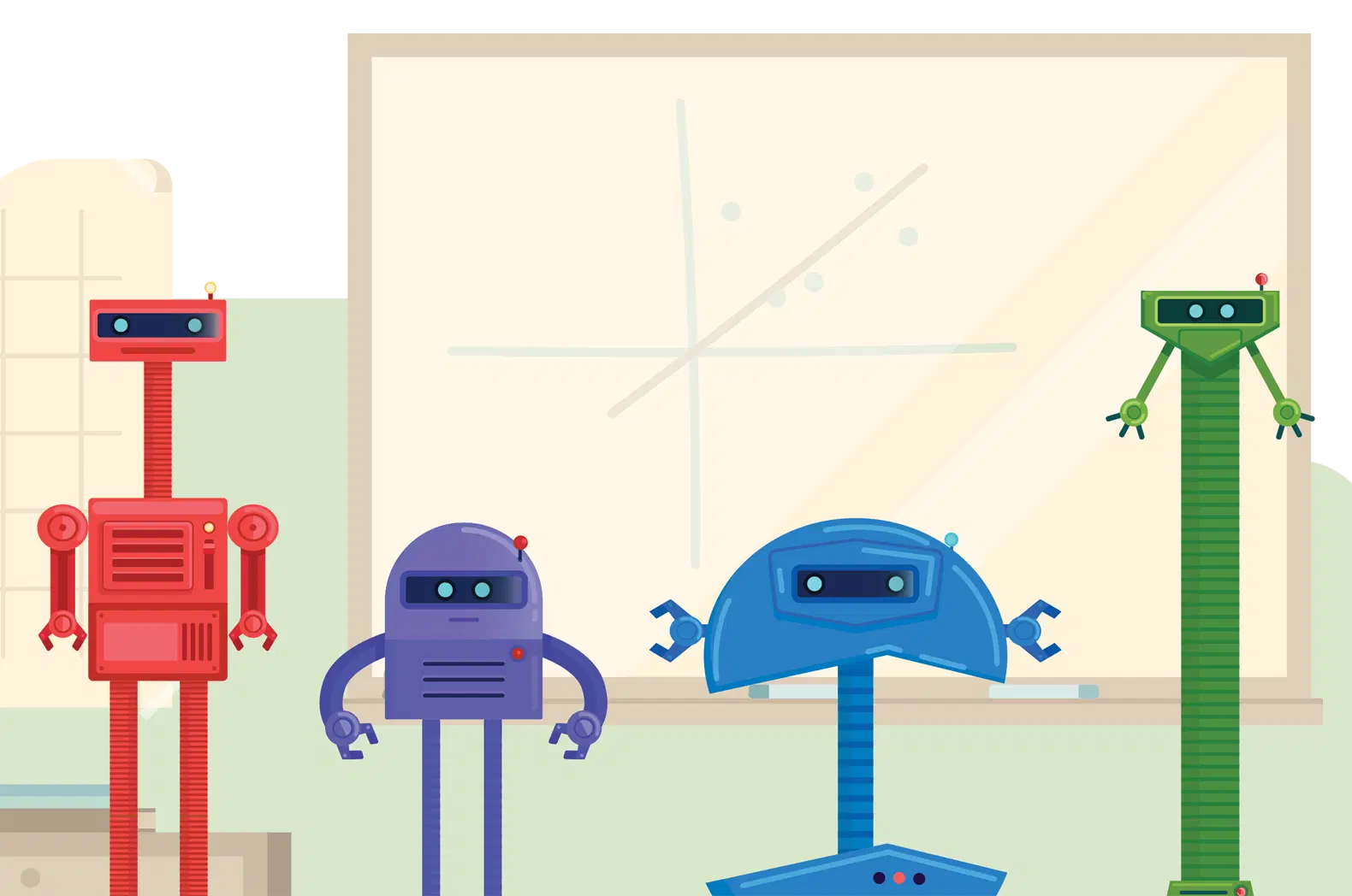 Four colorful robots stand in front of a whiteboard displaying a simple scatter plot with a line, suggesting a classroom or presentation setting.