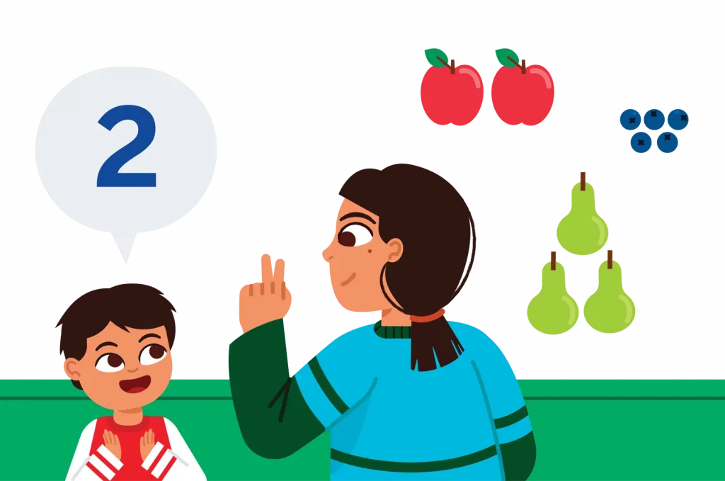 A teacher using her finger to count, showing the number two to a young student with illustrated fruits like apples, pears, and blueberries above them in a New York math classroom.