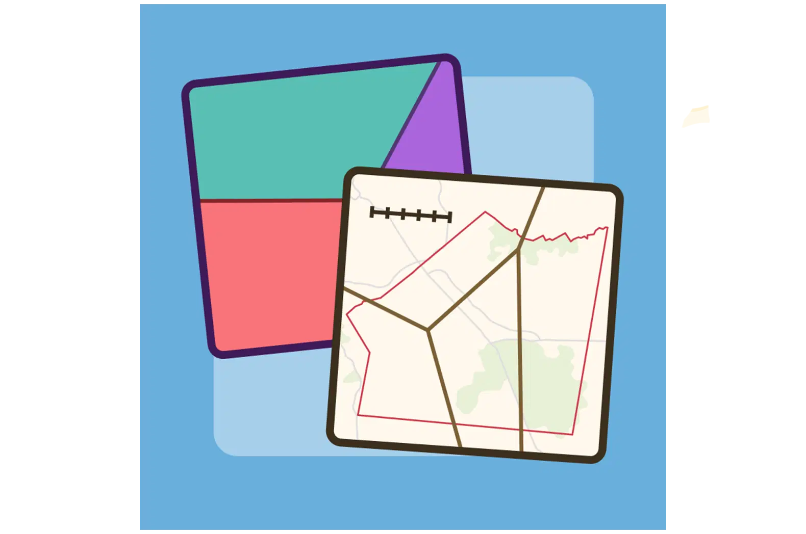 Two overlapping square graphics: one with colored geometric shapes, the other resembling a map with segmented districts and red boundaries, set against a blue background.