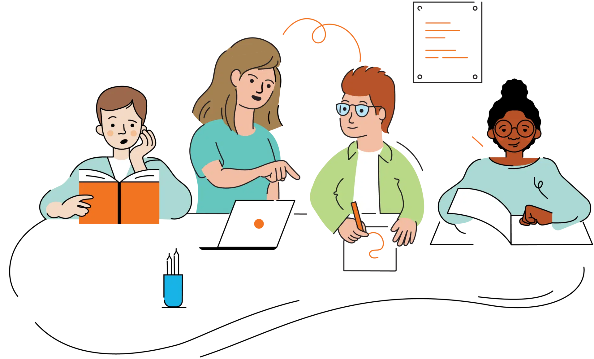 Four people are sitting at a table; one is reading, two are discussing notes, and one is writing on paper.
