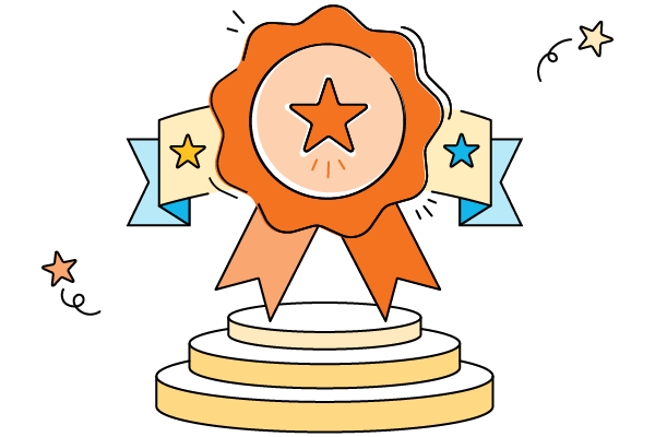 Illustration of a gold and orange award ribbon with a star on a three-tiered winners’ podium, with blue and yellow stars and streamers in the background.