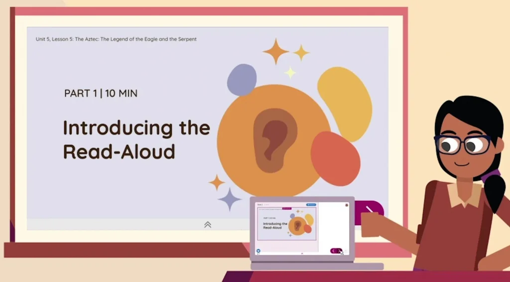 An illustrated person points at a projection screen displaying a lesson slide titled "Introducing the Read-Aloud" with colorful abstract shapes and a laptop showing the same slide.