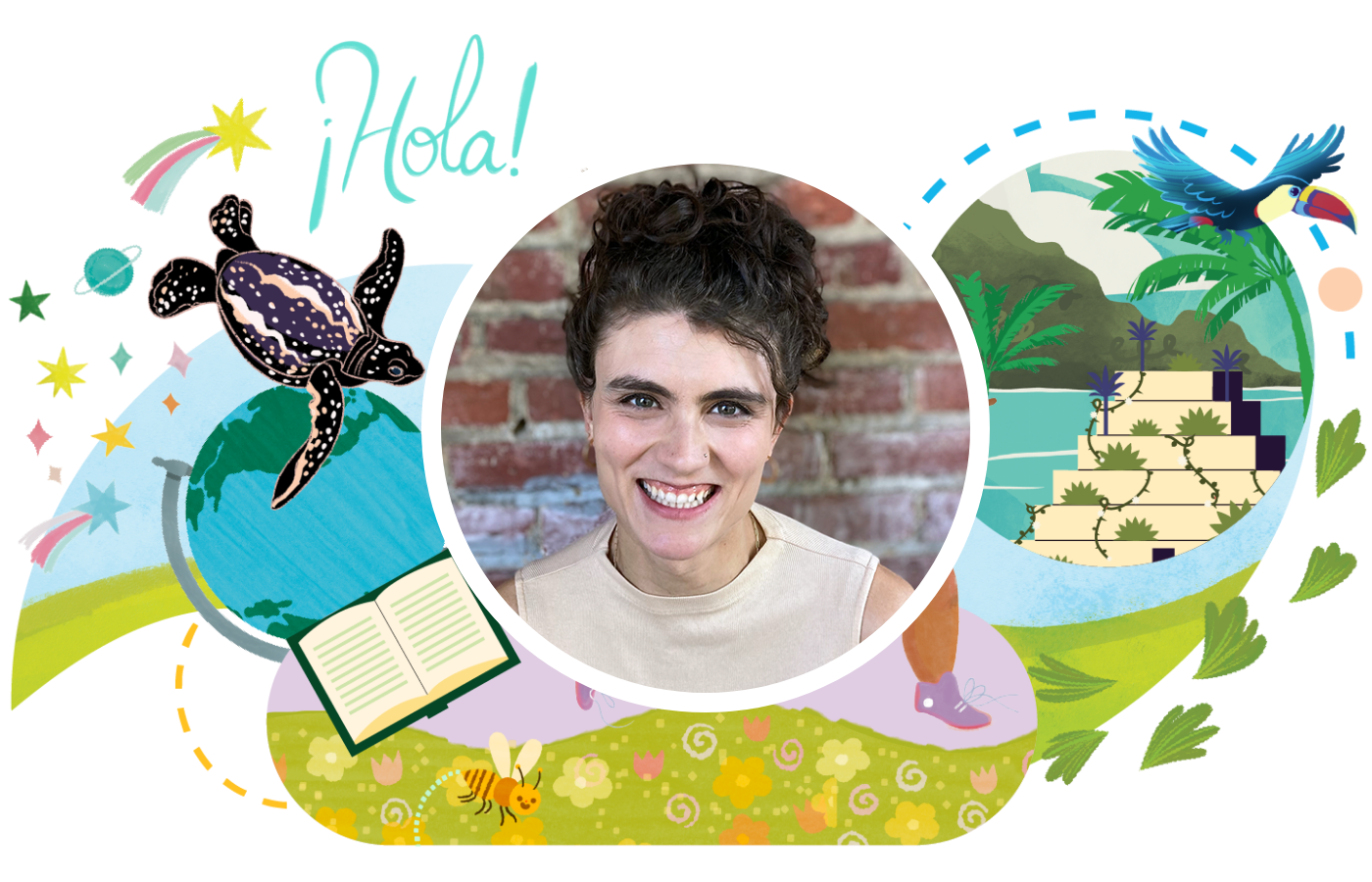 Woman smiling in front of a brick wall, surrounded by colorful illustrations of a turtle, toucan, book, and nature, with the word "¡Hola!" at the top left—celebrating technology in the math classroom and boosting the performance of students.