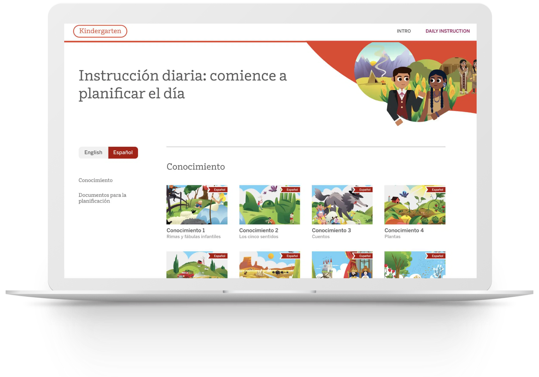 A laptop screen displays a kindergarten instructional webpage in Spanish, showing lesson categories with illustrated thumbnails and navigation options.