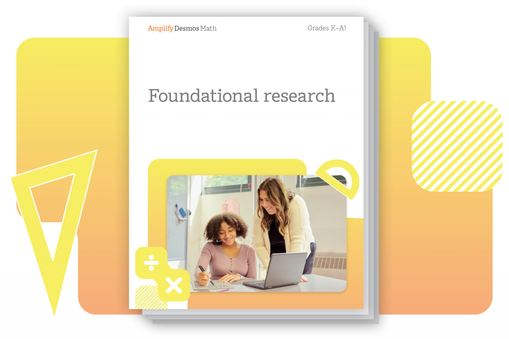 Two women work together at a desk with a laptop and papers; the image appears on the cover of a document titled “Foundational research” for ԰ʿDesmos Math Grades K–Al.