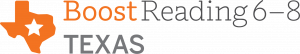 Boost Reading 6–8 Texas logo featuring an orange Texas state outline with a white star, and text in orange and gray—perfect for middle school reading programs.