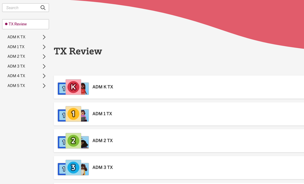 Screenshot of a webpage titled "TX Review" featuring a sidebar menu, search bar, and items like ADM 1 TX, ADM 2 TX, and ADM 3 TX with colored icons and user avatars—perfect for organizing Amplify or Desmos Math activities.