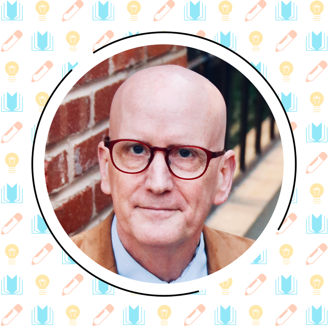 A bald man wearing round glasses and a brown jacket stands in front of a brick wall, with a patterned background featuring books, pencils, and lightbulbs.