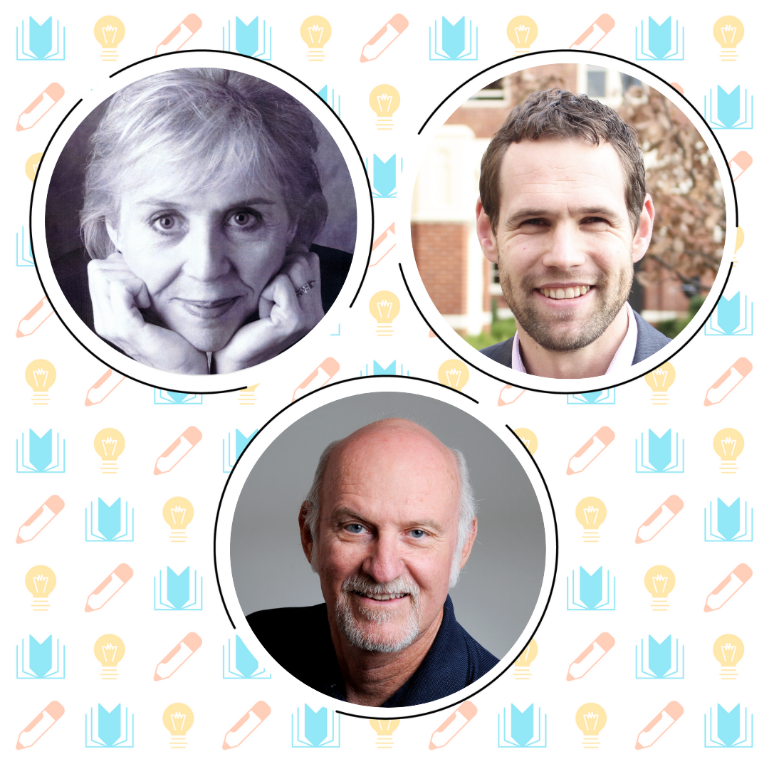 Three people are shown in separate circular frames: an older woman, a younger man, and an older man, against a patterned background with books, pencils, and light bulbs.