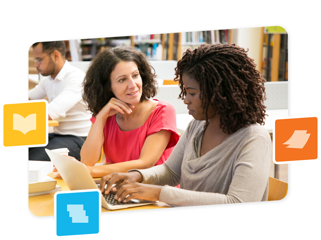 Two women sit at a table in a library, one typing on a laptop while the other discusses science of reading training. A man works in the background. Colorful book and paper icons frame the image.