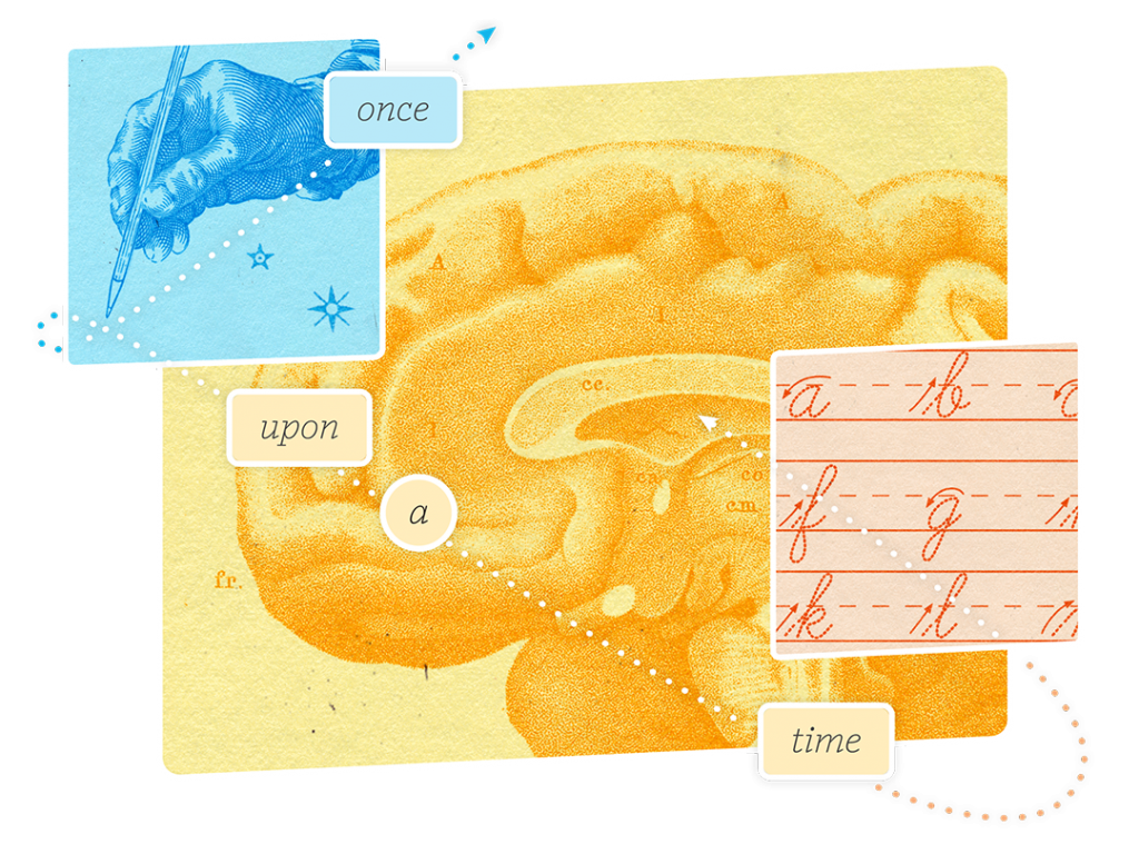 Collage of a brain illustration, a hand writing with a pen, cursive writing on lined paper, and labeled words "once," "upon," "a," and "time" connected by a dotted line—perfect for science of reading training visuals.