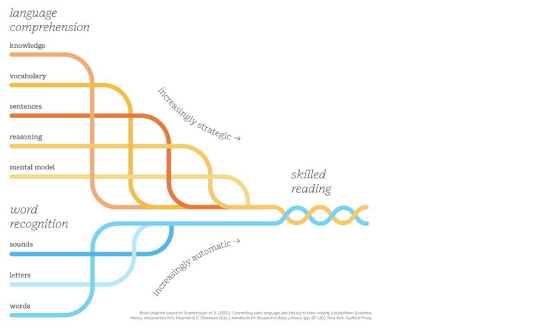 Diagram illustrating how language comprehension and word recognition components integrate to lead to skilled reading, as described in the Simple View of Reading model, aligned with the 3-5 CKLA curriculum and 91CKLA digital experience.
