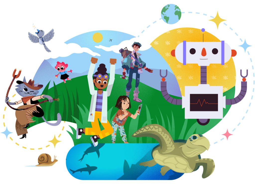 A group of animated characters, including a scientist, a robot, animals, and children, interact in a colorful outdoor setting with mountains, water, and plants to amplify CKLA scope and sequence through engaging exploration.