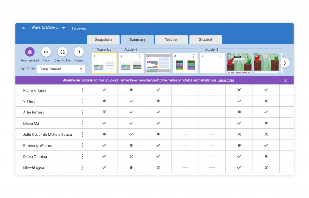 A classroom management software screen for Amplify Desmos Math displays student progress, with anonymized names and checkmarks indicating completion of warm-up and activity tasks.
