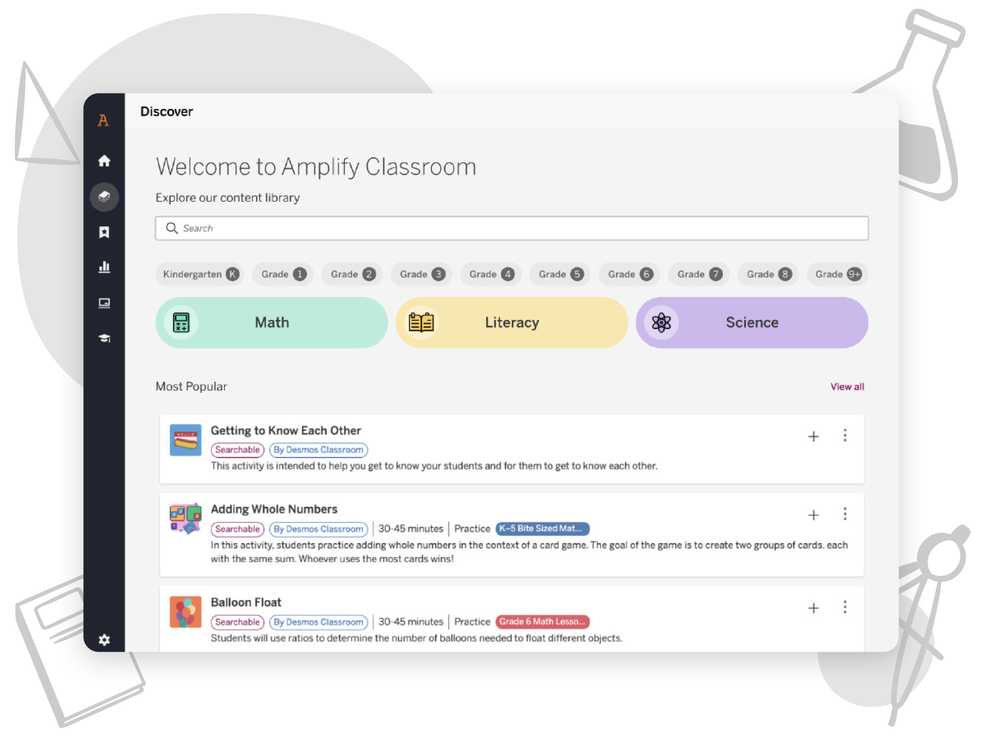 Screenshot of the èAV Classroom Discover page displaying subject filters, grade levels, a search bar, and a list of educational activities with descriptions and tags to support family engagement.