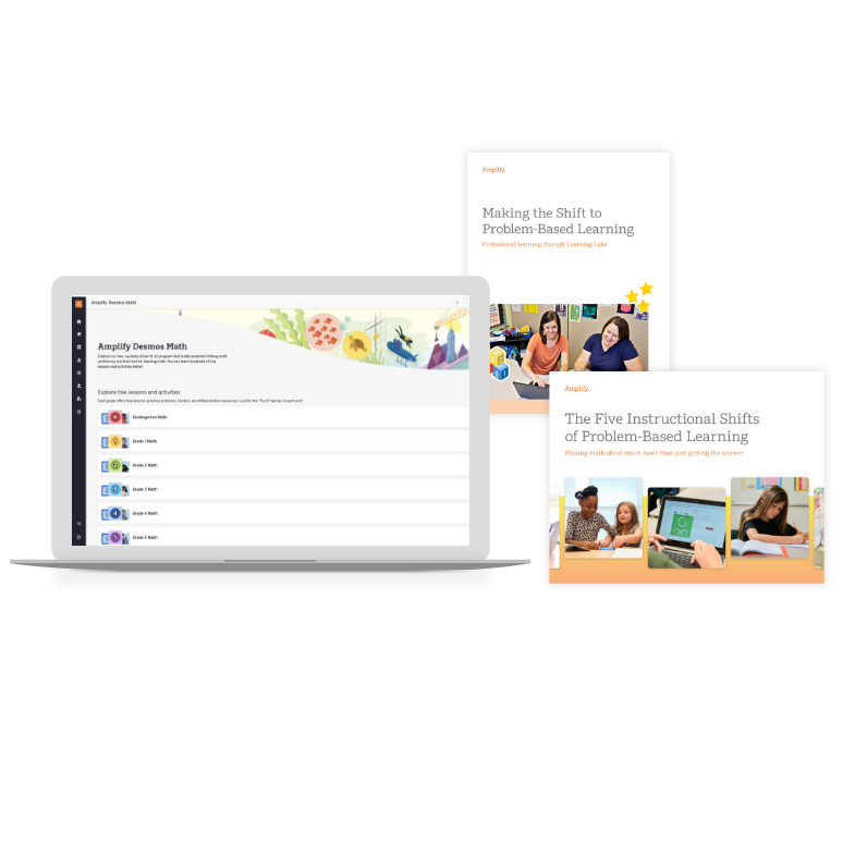 A laptop displaying a math curriculum interface is next to two booklets titled about shifts to problem-based learning and instructional shifts in problem-based learning.
