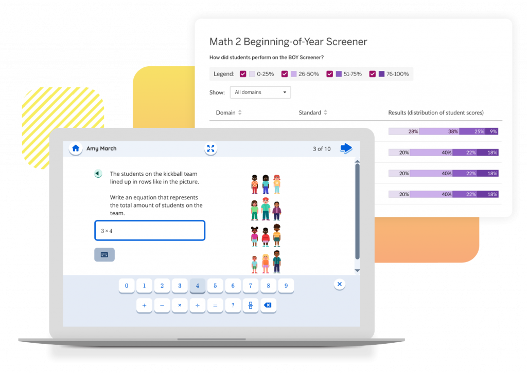 A laptop displays a math problem with illustrated 鶹and a virtual keyboard. Behind it, a chart shows percentages for a Math 2 Beginning-of-Year Screener assessment.