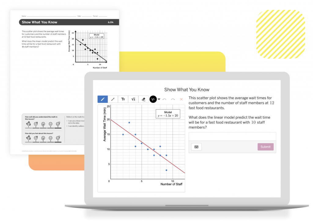 A laptop screen displays a math question with a scatter plot about staff and wait times; a worksheet with a similar graph is shown in the background.