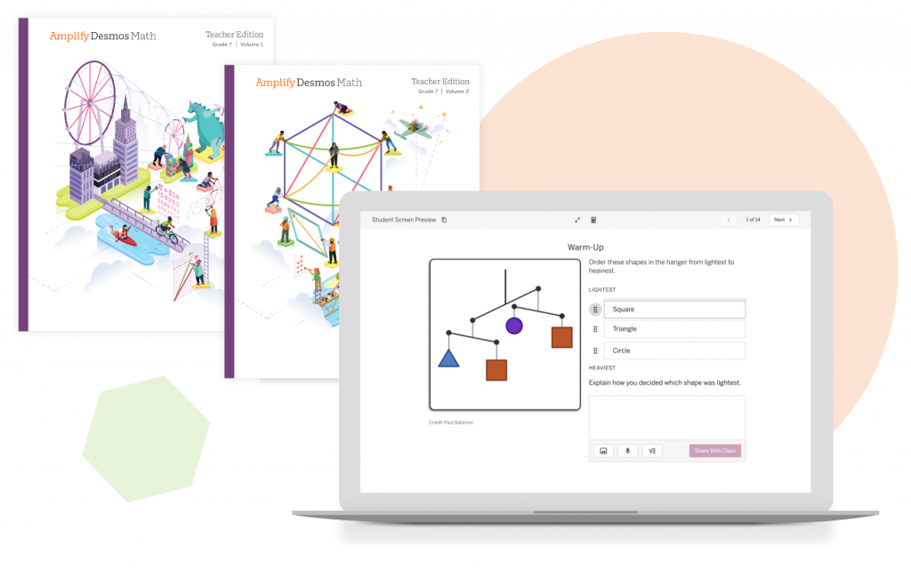 Ilustración de un entorno educativo con una computadora portátil que muestra una lección de Desmos Math en pantalla, flanqueada por representaciones coloridas y abstractas de un paisaje urbano y varios gráficos.