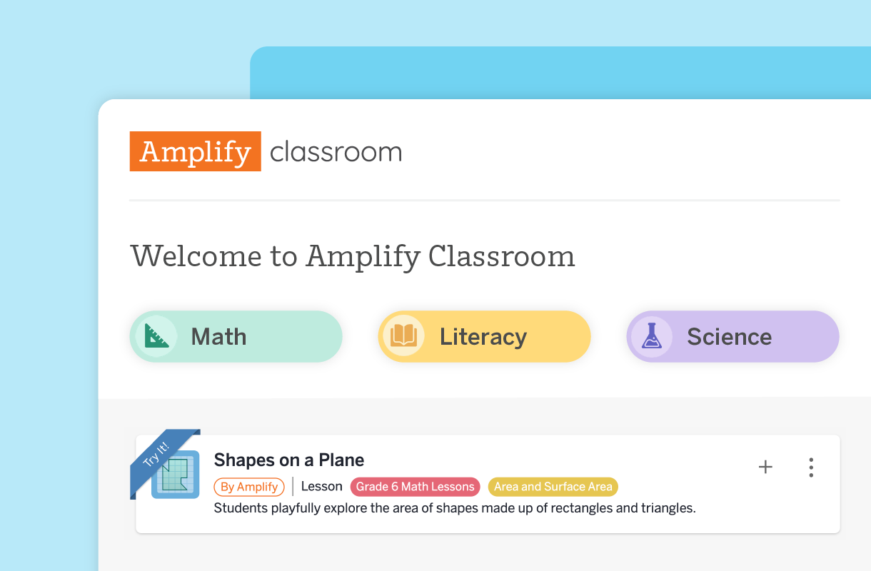 Screenshot of the ۰ı Classroom interface showing buttons for Math, Literacy, and Science, with a lesson titled "Shapes on a Plane" listed under Math.