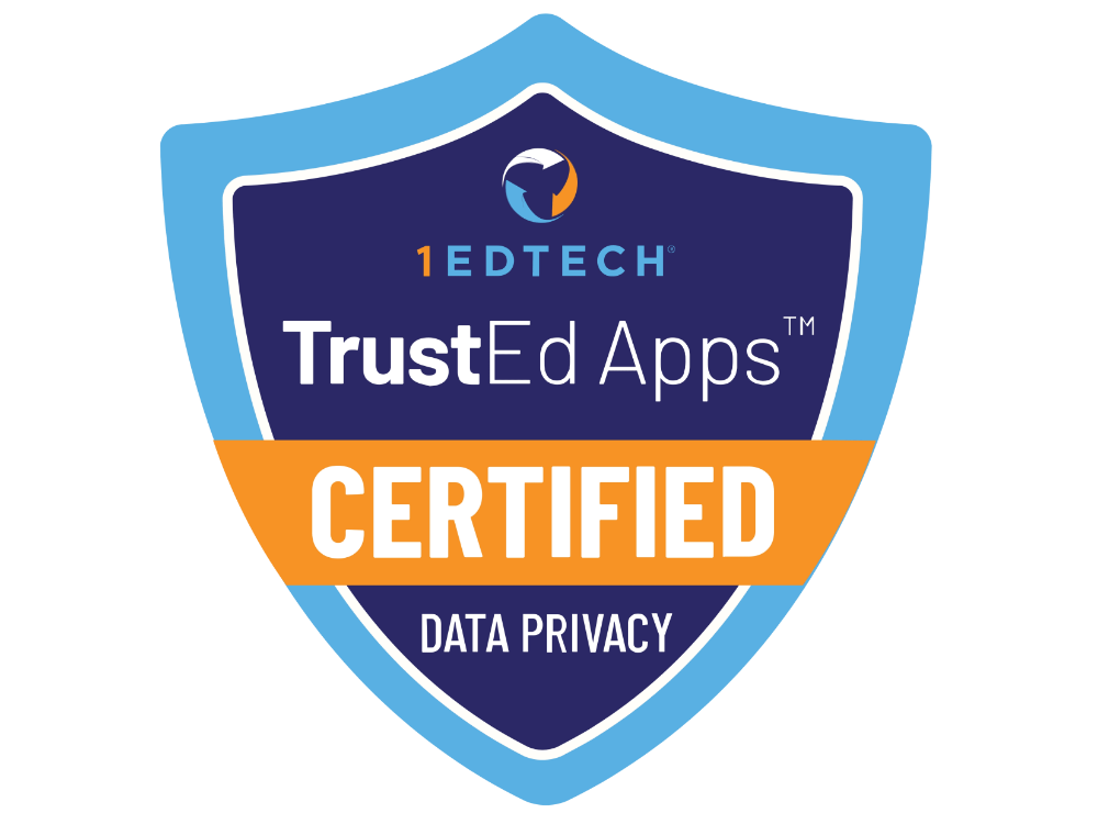 A blue and orange shield-shaped badge labeled "1EdTech TrustEd Apps Certified Data Privacy.