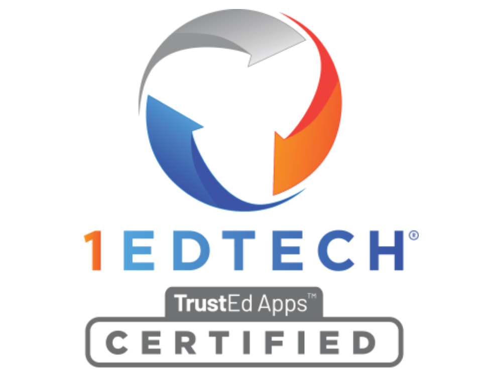 1EdTech logo with circular arrows in gray, blue, and orange above the text "TrustEd Apps Certified" in a gray outlined box.