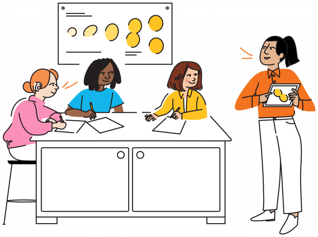 Four women sitting at a table in a meeting, with one standing and presenting on the topic of "why is science so important," all engaged in discussion.