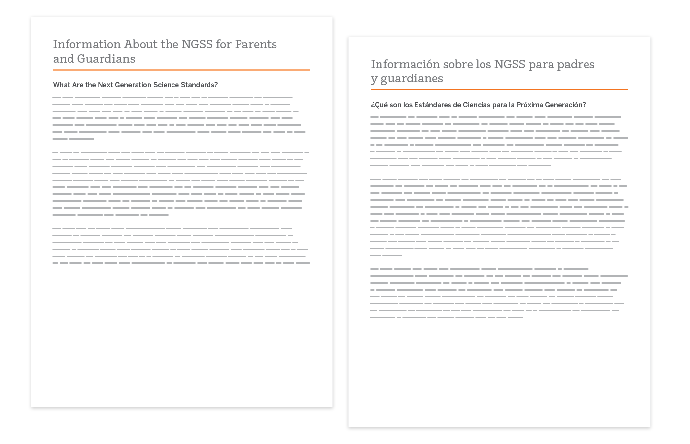 Two documents side by side, one in English and one in Spanish, both titled with information about the NGSS for parents and guardians and containing paragraphs of text.