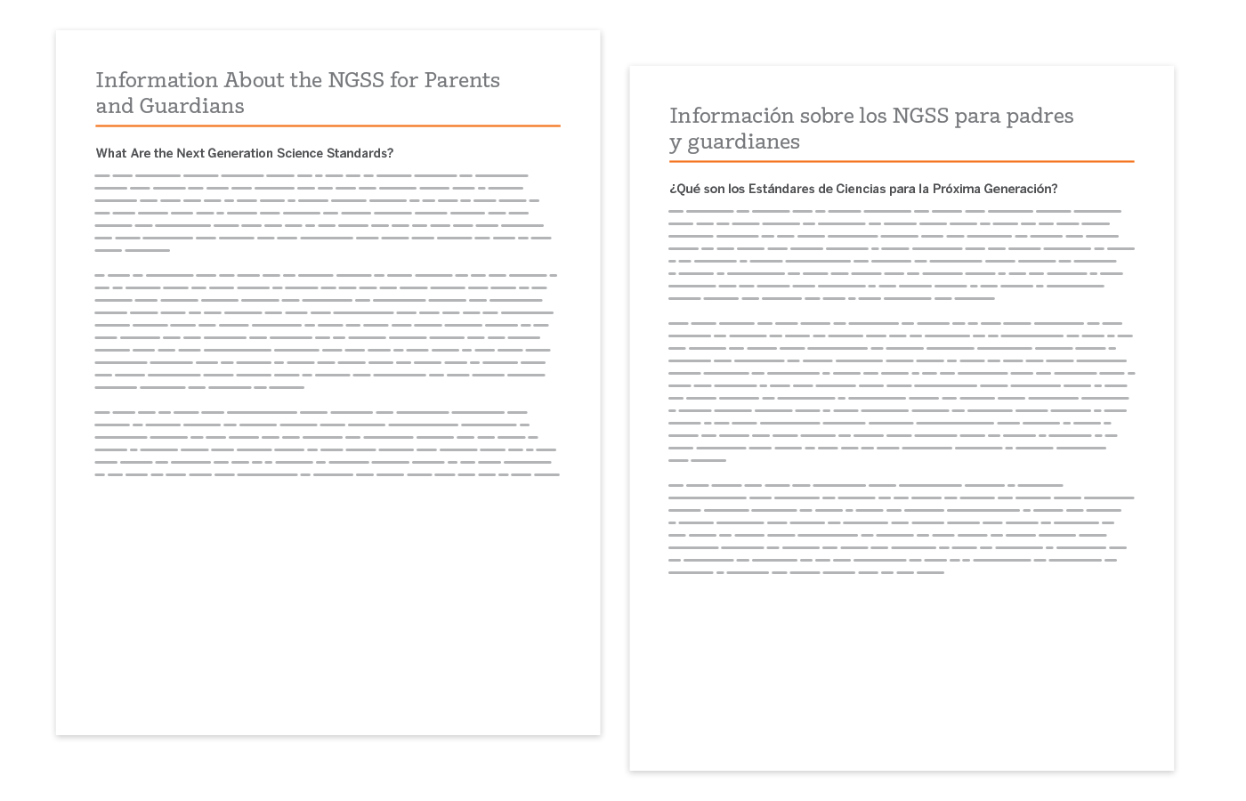 Two documents side by side contain similar information about the NGSS for parents and guardians, one in English and one in Spanish, each with a heading and body text.