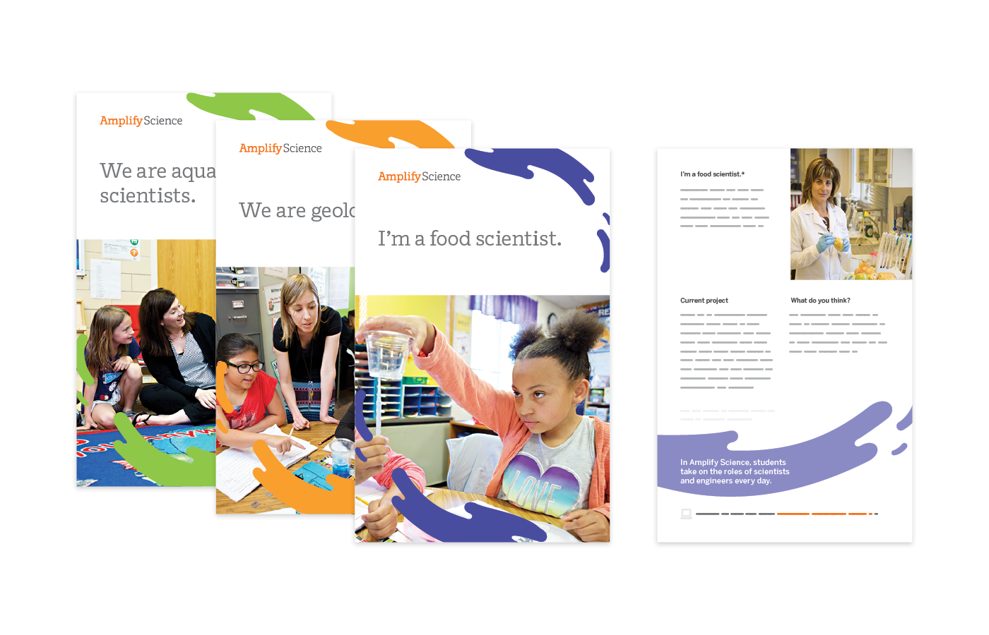 Four educational posters for Amplify Science show students engaging in hands-on science activities and a scientist in a lab coat with worksheets on the right.
