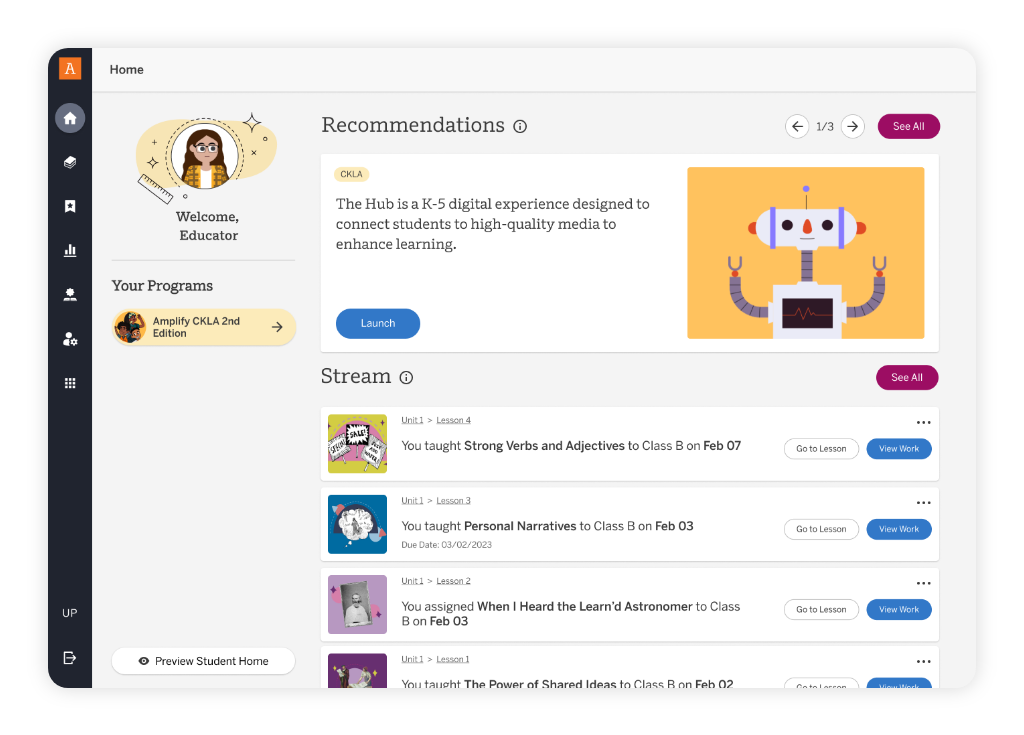 A digital dashboard interface displays a sidebar with user info, program options, a recommendation section, and a stream of upcoming classroom activities with thumbnails and action buttons.