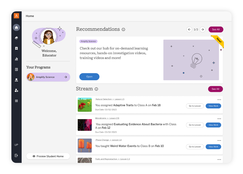 A dashboard interface displays educator's programs, a recommendations section, and a stream of assigned classroom activities with dates and "See All" buttons.