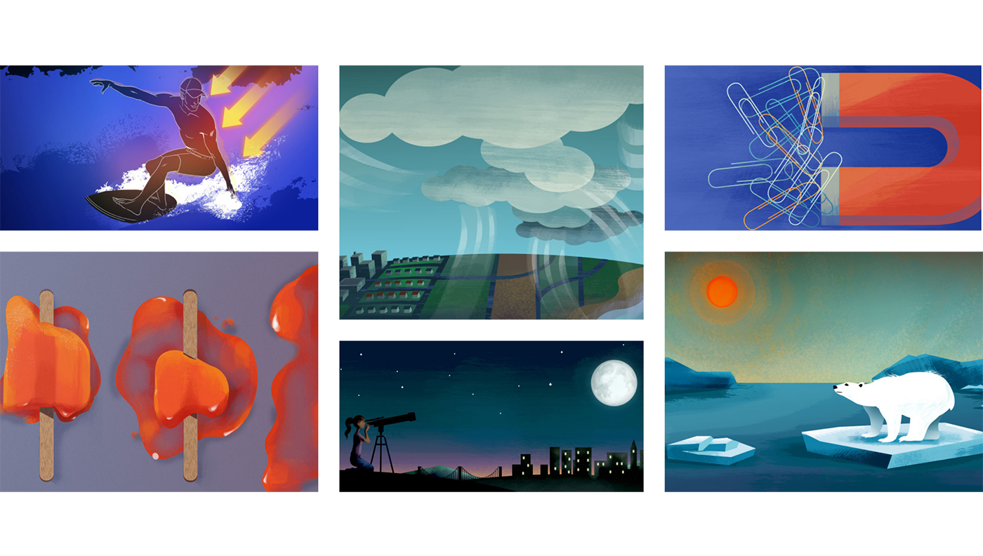 A collage of six illustrations: a snowboarder, abstract clouds, magnetic fields, melting popsicles, a stargazer with telescope, and a polar bear on ice under an orange sun.