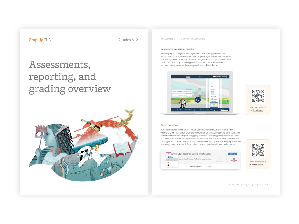 Two pages from an Amplify ELA guide for grades 6-8; the left shows the cover, and the right shows assessment information with screenshots and QR codes.