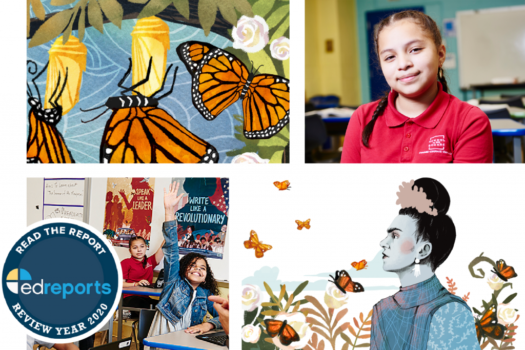 Collage featuring two scenes: upper right shows a girl in a middle school English language arts curriculum setting, lower left corner displaying children in a classroom, and graphic floral elements with butterflies throughout.