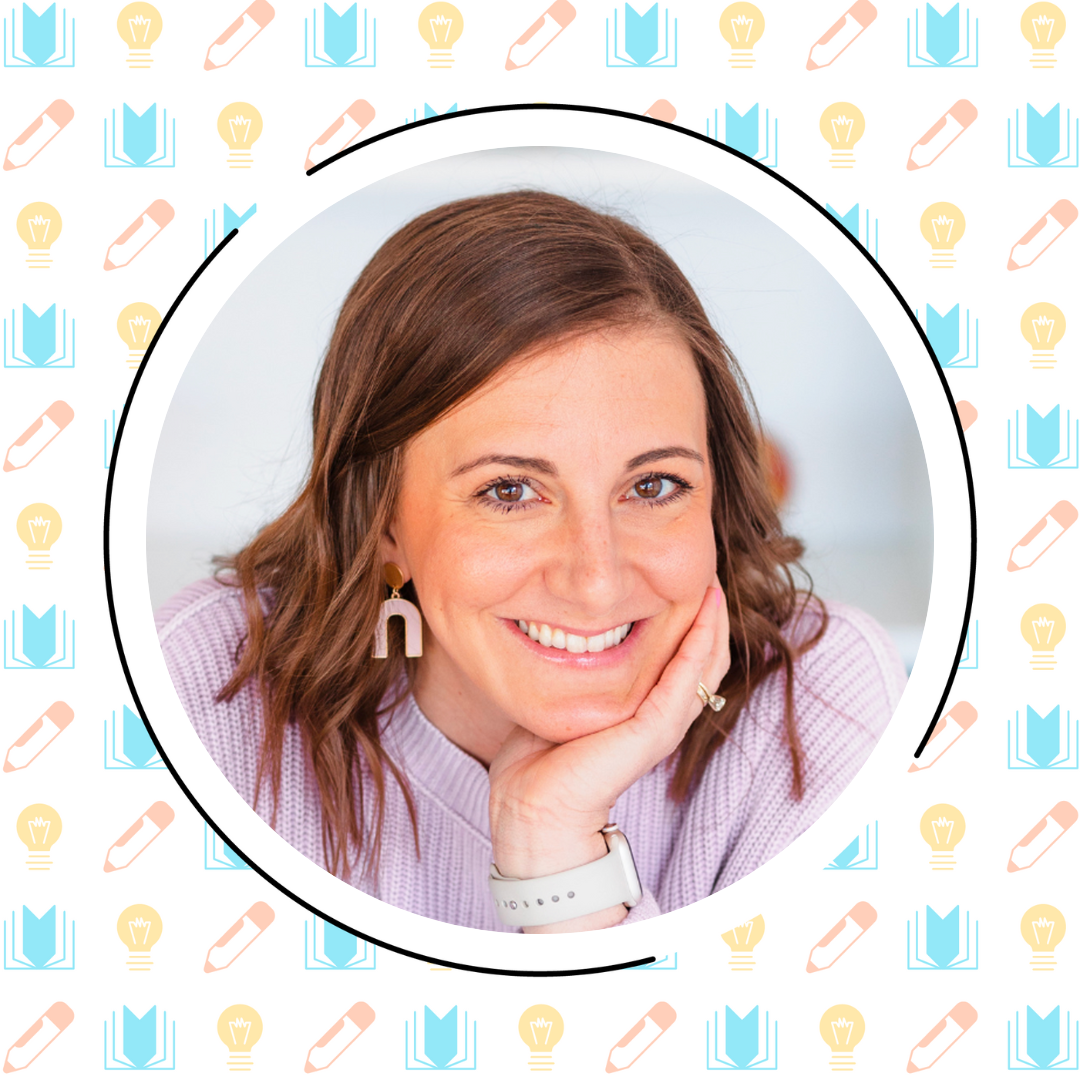 A woman with wavy brown hair smiles at the camera, resting her chin on her hand. The background features a pattern of light bulbs, pencils, and books—reflecting the journey from reading research to putting research into action.
