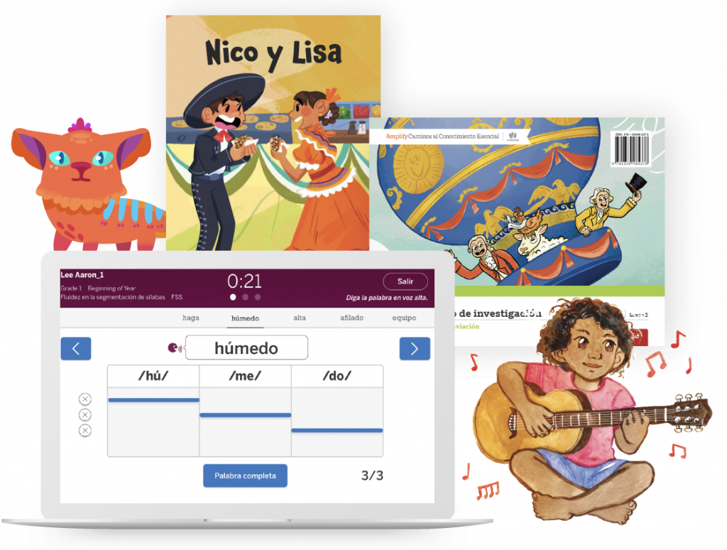 A collage showing children’s books, a drawing of a cat, a child playing guitar, and a laptop screen with a Spanish language learning activity.